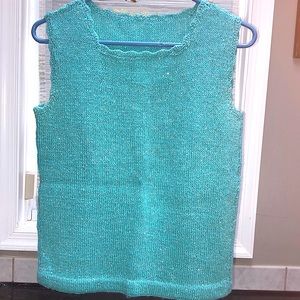 Vintage Handknit Sleeveless Top, Turquoise/Silver Acrylic Yarn, Size Small.